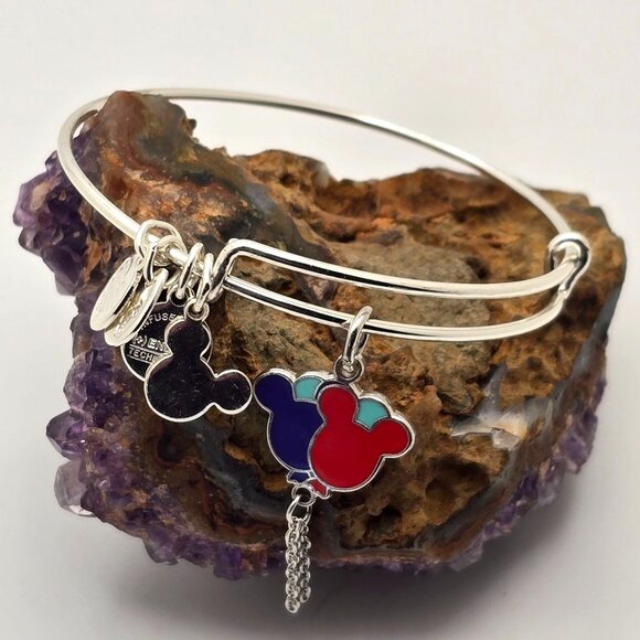 Alex And Ani Mickey Mouse Balloons Charms & Chain Detail Silver Bangle Bracelet - Picture 7 of 7